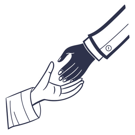 A clean, white vector illustration of two hands meeting in a handshake, representing trust, success, and cooperation.のイラスト素材