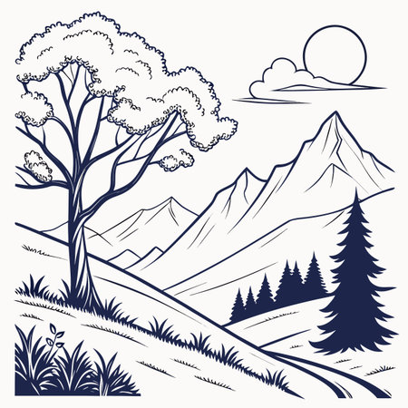 A stylized illustration of a vast mountain range, rendered as a clean vector graphic on a plain white background.のイラスト素材