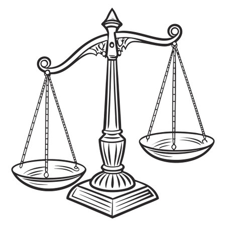A vector illustration of a balance scale icon, symbolizing justice, law, equality, or weighing options, isolated on a white background.のイラスト素材