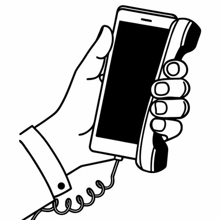 This vector art showcases a hand holding a mobile phone against a simple white background, representing modern technology and connectivity.のイラスト素材