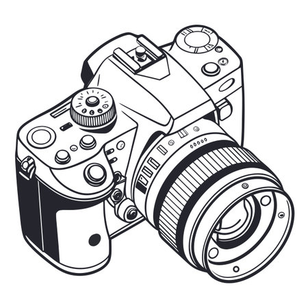 A clean vector illustration of a professional camera, ideal for photography and media related concepts on white.のイラスト素材