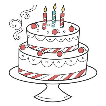 Vector art of a festive birthday cake on a clean white background, perfect for invitations, decorations, or any design celebrating a special day.のイラスト素材