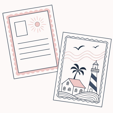 Cute postcard with lighthouse and house. Vector illustration in flat styleのイラスト素材