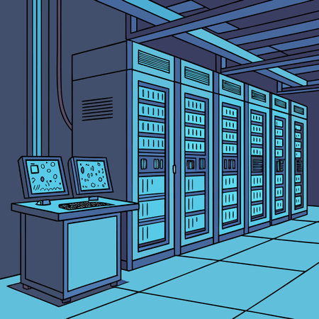 An interior perspective of a server room filled with multiple server racks and a control station...