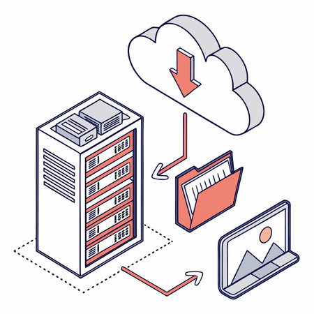 An isometric outline icon illustrating cloud server data synchronization, showing a folder and...