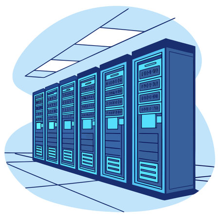 An illustration showcasing a row of modern server racks within a data center, emphasizing IT infrastructure and computing technology with a cool blue color palette.のイラスト素材