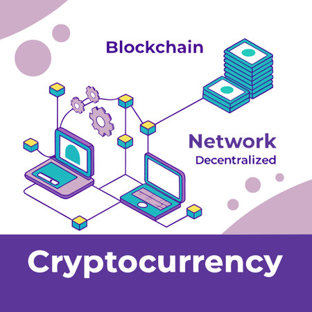An isometric illustration visually explaining blockchain, decentralized networks, and cryptocurrency...