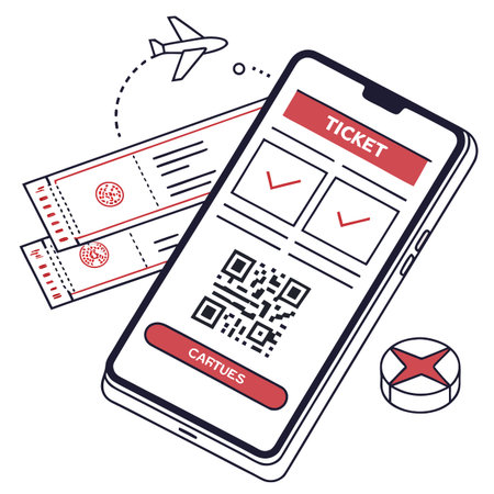A flat line illustration showing a mobile phone screen with a QR code ticket, boarding passes, and a plane flying, representing travel technology and booking.のイラスト素材