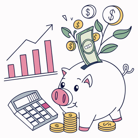 An illustration showing a piggy bank with a banknote plant growing out of it, symbolizing investment growth and wealth creation.のイラスト素材