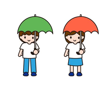 Boys and girls lined up with umbrellasのイラスト素材