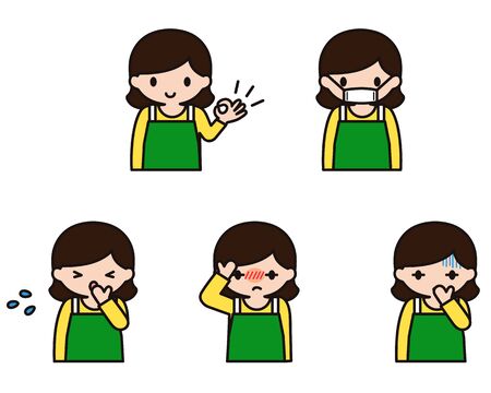 Female illustration set of apron appearance that the physical condition is badのイラスト素材