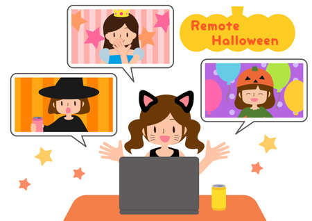 Illustration of a young woman's remote Halloween partyのイラスト素材
