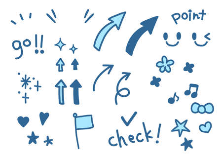 A set of hand-drawn illustrations with arrows, hearts, musical notes, letters, glitter, and other embellishments.のイラスト素材