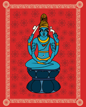 Lord of vishnu. Shree vishnu yoga Mudra showing in Madhubani painting and Kalighat art. Modern painting, art, illustration, vector. Cheriyal Painting.のイラスト素材