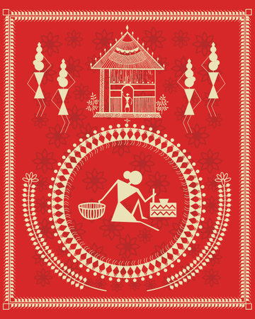 Beautiful warli art painting showing indian rural culture and daily work. Modern painting, art, illustration, vector, warli painting.のイラスト素材