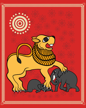 Kalighat art showing strongest lion attack to elephant. Beautiful Madhubani painting and Kalighat art. Modern painting, art, illustration, vector. Cheriyal Painting.のイラスト素材