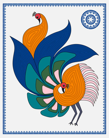 Enchanting Peacock: Modern Madhubani Artistry. Contemporary Peacock Illustration, Modern Madhubani Abstraction, Artistic Wall Decor Elegance, Abstract Peacock Beauty.のイラスト素材
