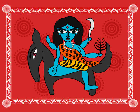 Kalighat art drawing showing durga avatar. Kalika Devi painting. Painting, illustration, art drawing.のイラスト素材