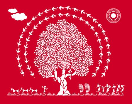 Indian Countryside Harmony: Warli Tree Art. Traditional Warli Illustration, Rural Life Wall Art, Tree of Life Abstraction, Ethnic Wall Decor Elegance, Folk Art Serenity.のイラスト素材