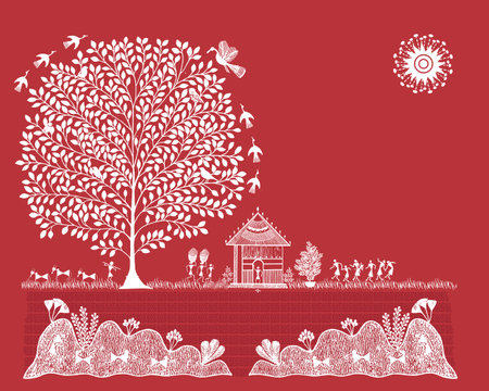 Harmony of Life: Warli Painting with Tree, Framing, and Rural Scenes. Warli Painting, Rural Life Art, Tree Framing Art.のイラスト素材
