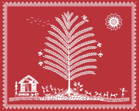 Rural Serenity: Warli Painting with Tree, Animal Keeper, and Village Life. Rural Life Art, Tree and Animal Keeper.のイラスト素材