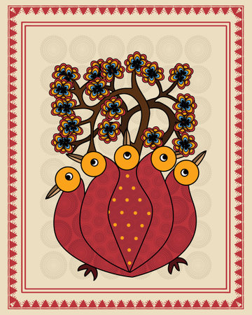 Gond Art: Peacock Harmony, Abstract Wall Decor. Gond Art, Peacock Harmony, Abstract Wildlife, Modern Wall Decor, Ethereal Nature Scene.のイラスト素材