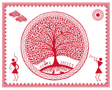 Warli Celebration: Marriage Moment with Musician. Traditional Wedding Illustration, Warli Art Marriage Scene, Ethnic Musician Wall Decor.のイラスト素材