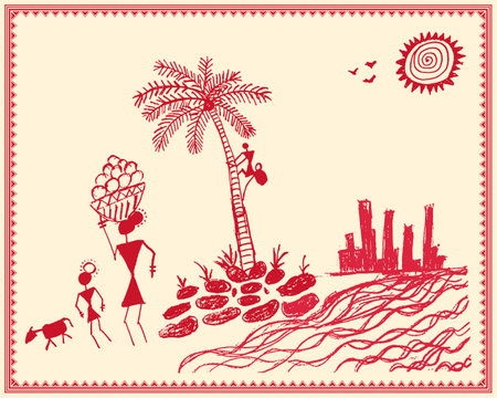 Warli painting : A beautiful wall art depicting a beach scene. Beach Scene Painting, Coastal Wall Decor, Seaside Artwork.のイラスト素材