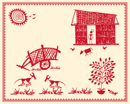 A beautiful painting by Warli showing an outdoor area and a bullock cart. Warli Painting Outdoor Scene, Rural Life Illustration, Traditional Indian Village Art.のイラスト素材