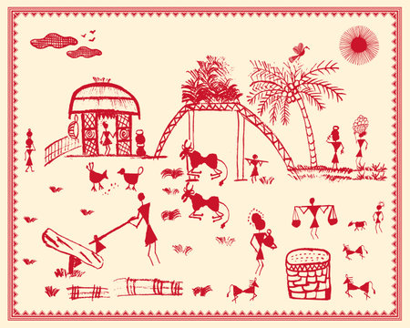 A beautiful Warli painting that takes a look at the day-to-day work in the Indian countryside. Rural Indian Life Illustration, Traditional Warli Artwork, Village Scenes Paintingのイラスト素材