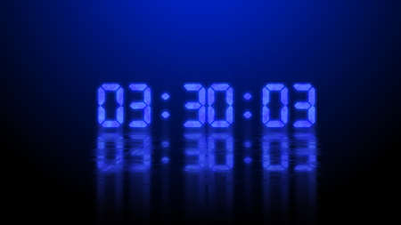 Digital countdown timer or clock of led electronic digits and reflection of digits on surface, 3d renderの写真素材