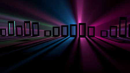 Hollow shape Rectangles in a row with Multicolor spreading and moving light rays in different colors.3d renderの写真素材