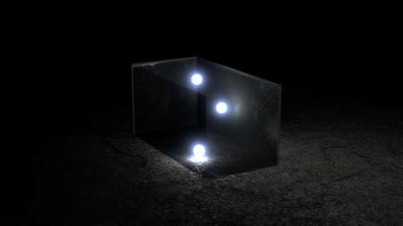 Glowing Crystal Balls with and illuminating light Bouncing in a transparent glass box, 3D renderの写真素材