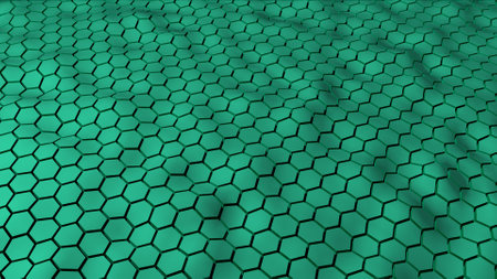 Abstract green color hexagonal geometry patterns with six sided polygon and with smooth wavy motion effects. Abstract trendy background for business & technology or any other projects .3D render.の写真素材