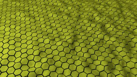 Abstract colorful hexagonal geometry patterns with six sided polygon and with smooth wavy motion effects. Abstract trendy background for business & technology or any other projects .3D render.の写真素材