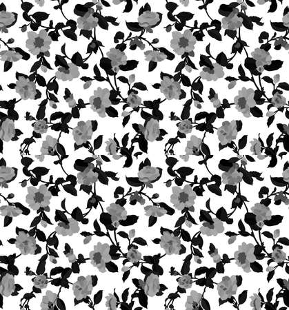 Floral seamless pattern with different flowers and leaves. Black and white Botanical illustration hand painted. Textile print, fabric swatch, wrapping paper.の写真素材