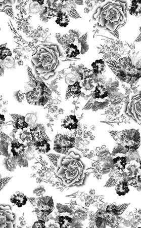 Floral seamless pattern with different flowers and leaves. Black and white Botanical illustration hand painted. Textile print, fabric swatch, wrapping paper.の写真素材