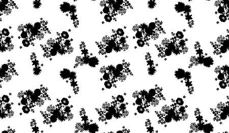 Floral seamless pattern with different flowers and leaves. Black and white Botanical illustration...