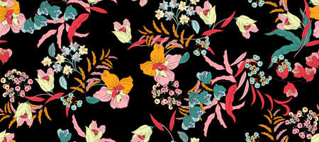flower design for fashion: exotic leaves and flowers in neon light. Seamless pattern. Watercolor