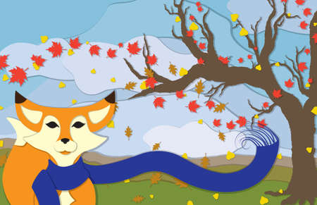 An orange fox wearing an long blue scaft blows in the wind along with colored autumn leaves with a bare tree to the side in this cuppaper style illustration.のイラスト素材