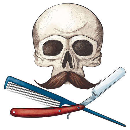 A hand drawn ink and watercolor style vector illustration of and barber themed jolly roger.のイラスト素材