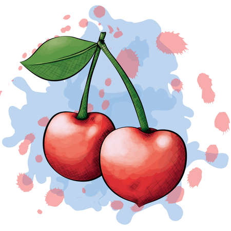A vector illustration of two cherries in an ink and watercolor style on a splattered background.のイラスト素材