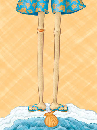 A hand drawn vector illustration of a pair of long, lanky legs with flip-flops standing at the edge of the ocean over an orange sea shell.のイラスト素材