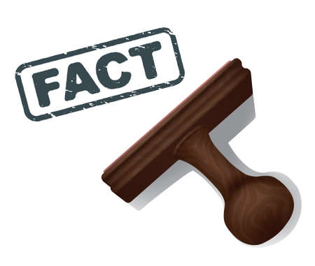 A realistic illustration of the word \"FACT\" stamped in black by a rubber stamp with a wooden handle.のイラスト素材