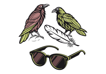 Crow and sunglasses isolated on white background. Hand drawn vector illustration.のイラスト素材