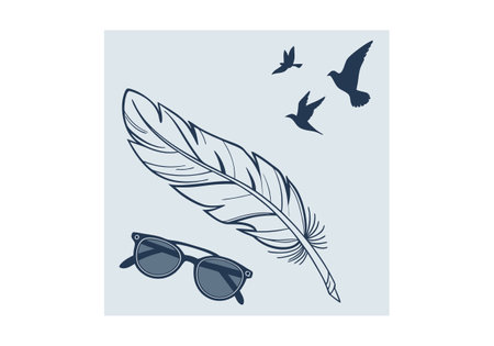 Feather, sunglasses and birds on a blue background. Vector illustrationのイラスト素材