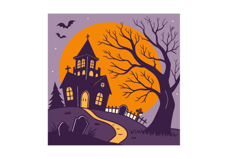 Halloween night background with haunted house and cemetery. Vector illustration.のイラスト素材