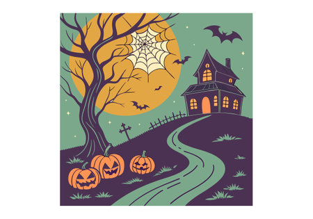 Halloween card with pumpkins, haunted house and bats. Vector illustrationのイラスト素材