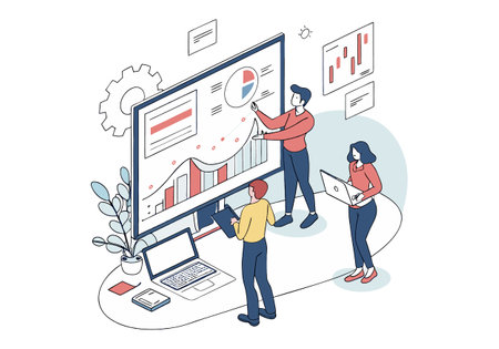 Business people working on computer with infographics. Isometric vector illustration.のイラスト素材