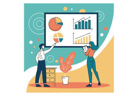 Business people working with charts and graphs. Vector illustration in a flat styleのイラスト素材